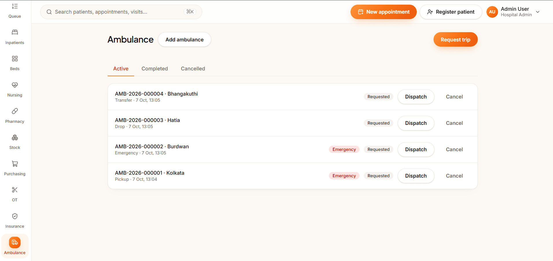 Care18 ambulance dashboard tracking fleet availability and dispatch status