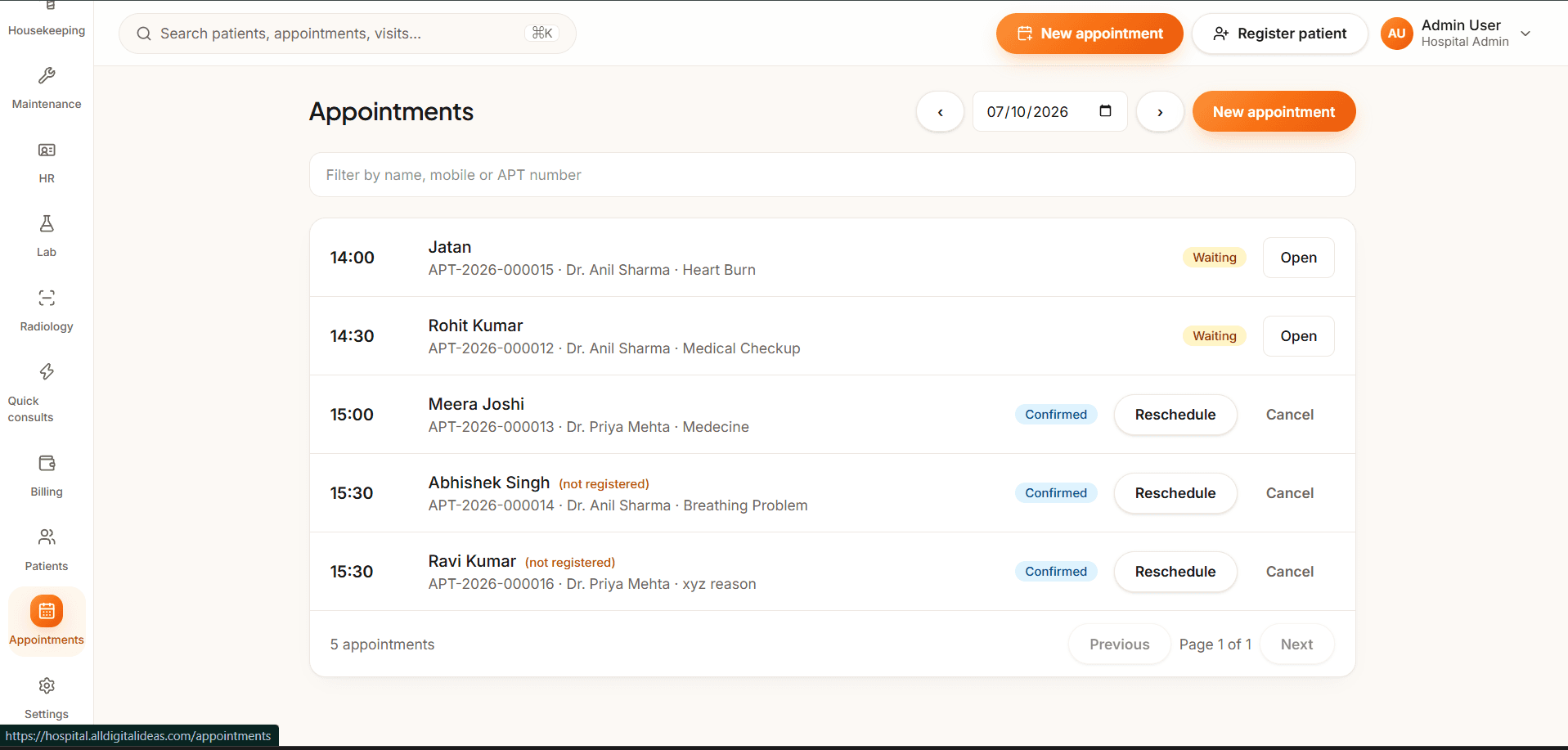 Care18 appointments dashboard with appointment lanes and live status counts