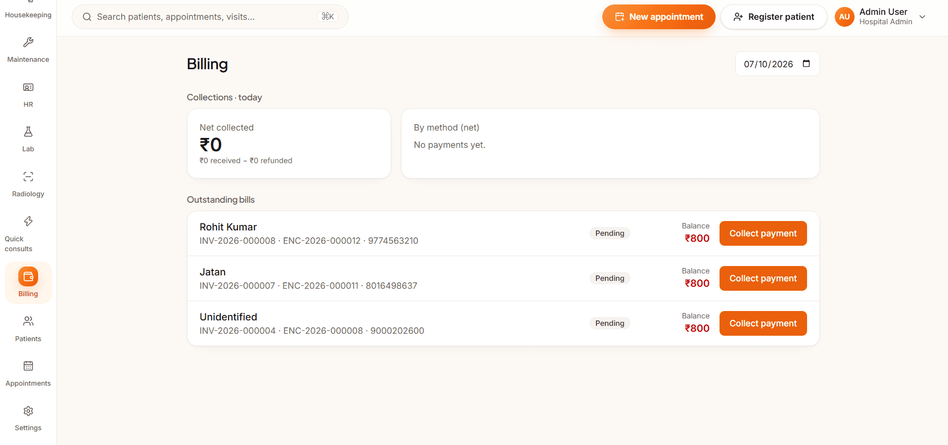 Care18 billing dashboard listing invoices, payments and revenue status