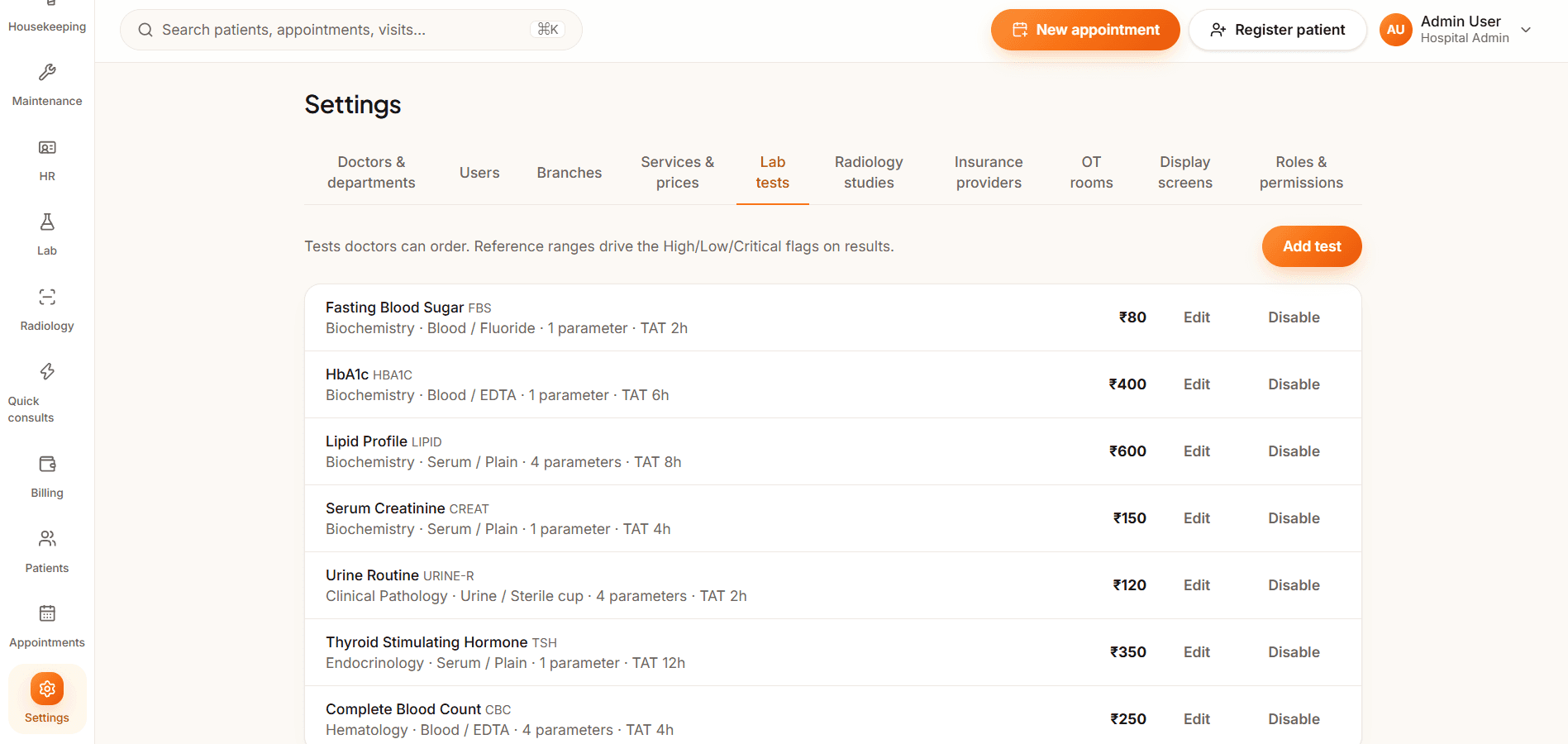 Care18 lab test dashboard tracking samples, test orders and results