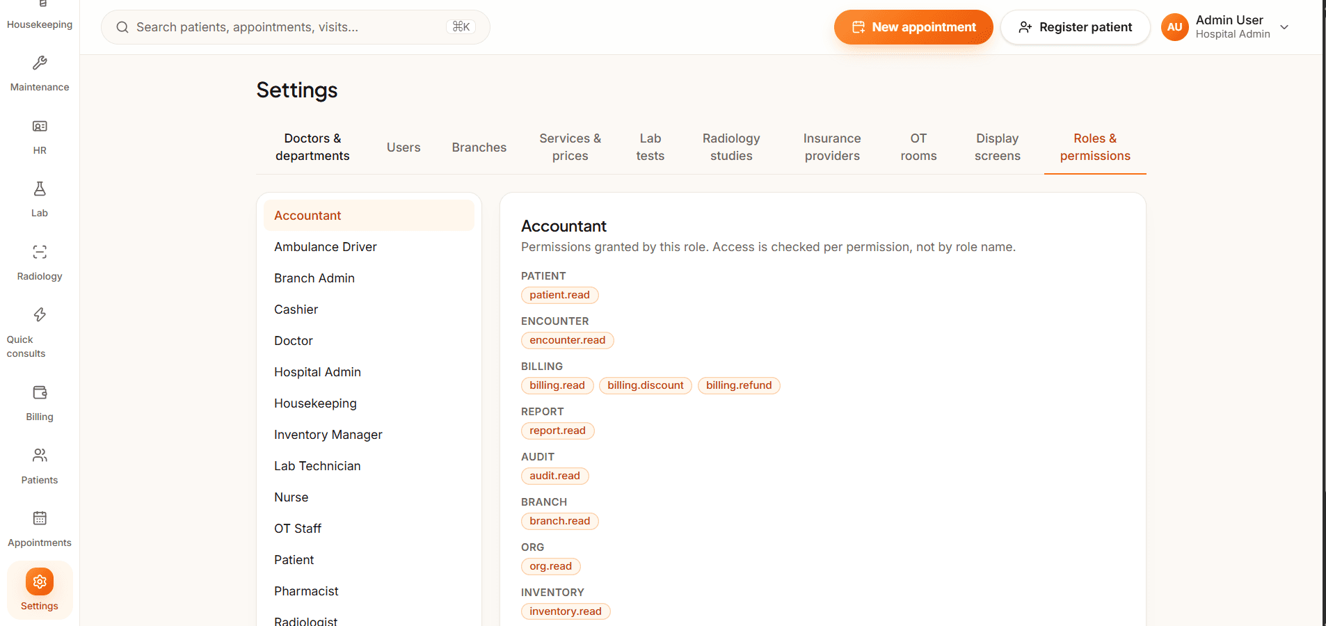 Care18 settings dashboard managing user roles and permissions